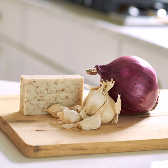 onion and kitchen soap bar on cutting board