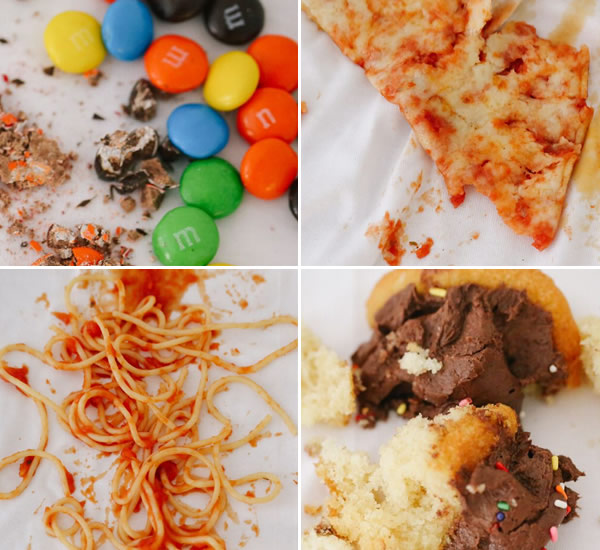A grid displaying pizza, candy, spaghetti, and cake, which cause stains combatted by The Laundress fabric care products. 